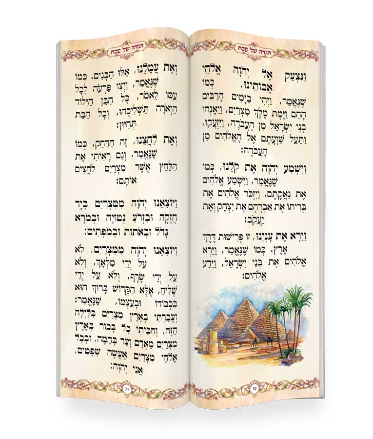 Simchonim Argaman model Haggadah, opened to show the inside pages