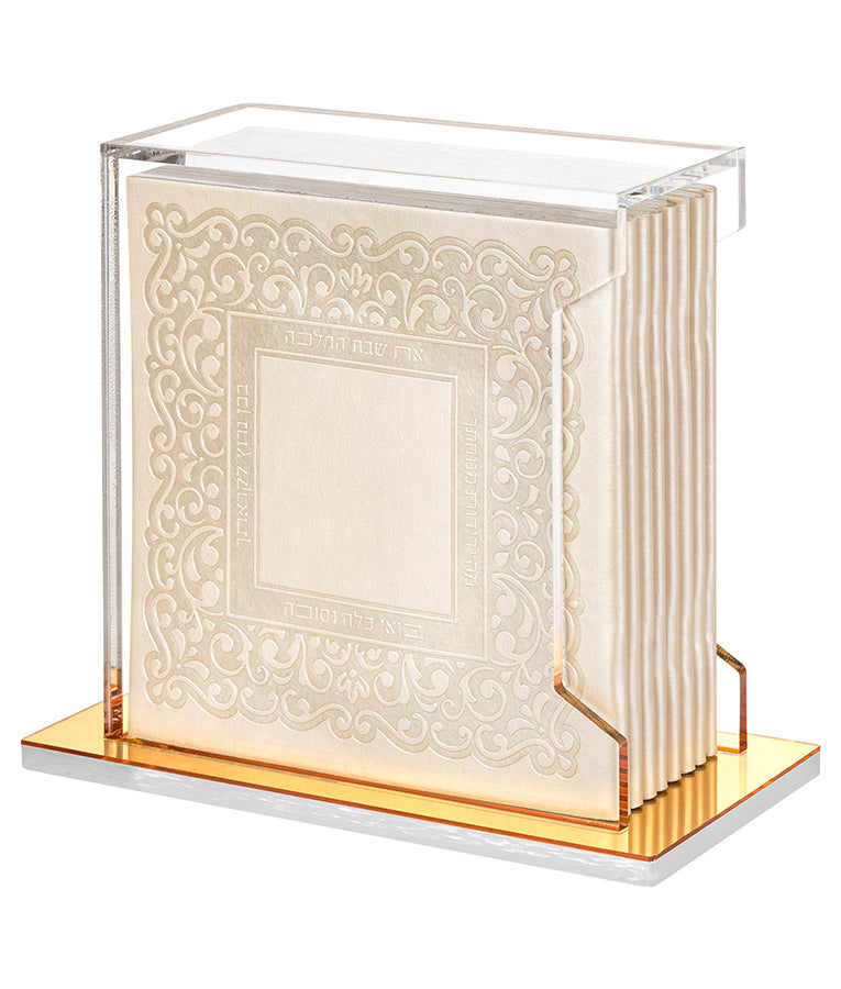 Simchonim Lucite stand holding Lacey zemiros, alternate view