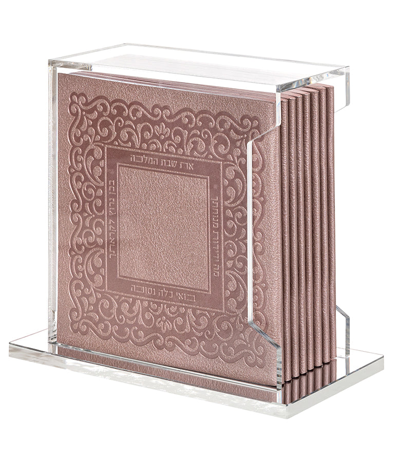 Simchonim Lucite stand holding Lacey zemiros in silvery