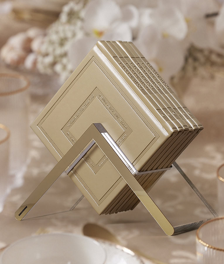 Simchonim Lucite stand holding Noam style zemiros, alternate view