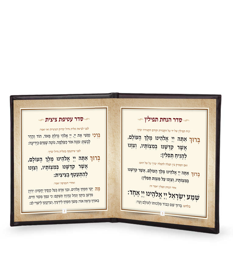 Simchonim Seder Hanachas Tefillin with mirror, opened to show the inside pages