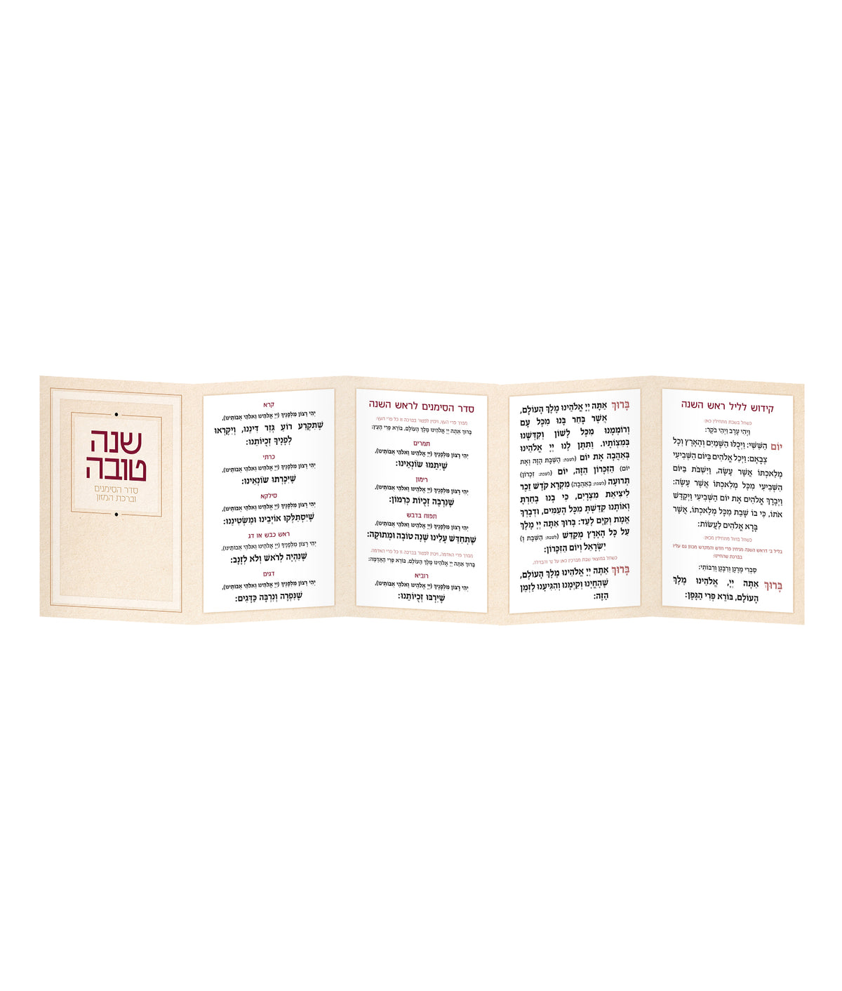 Simchonim Shanah Tovah Simanim bencher, opened to show the inside pages