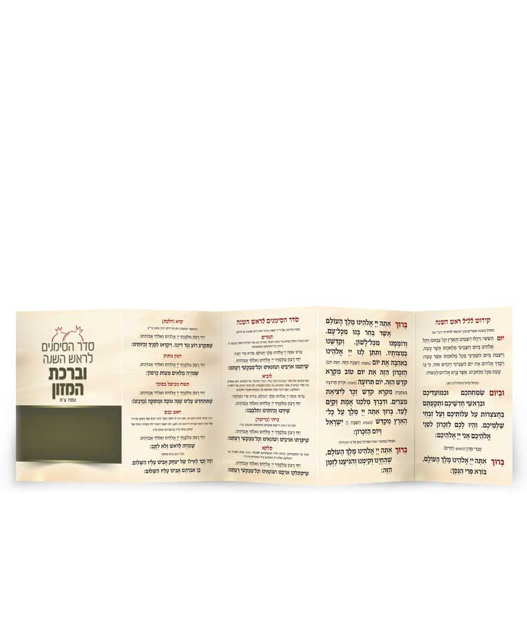 Simchonim simanim bencher for Rosh Hashanah, opened to show the inside pages