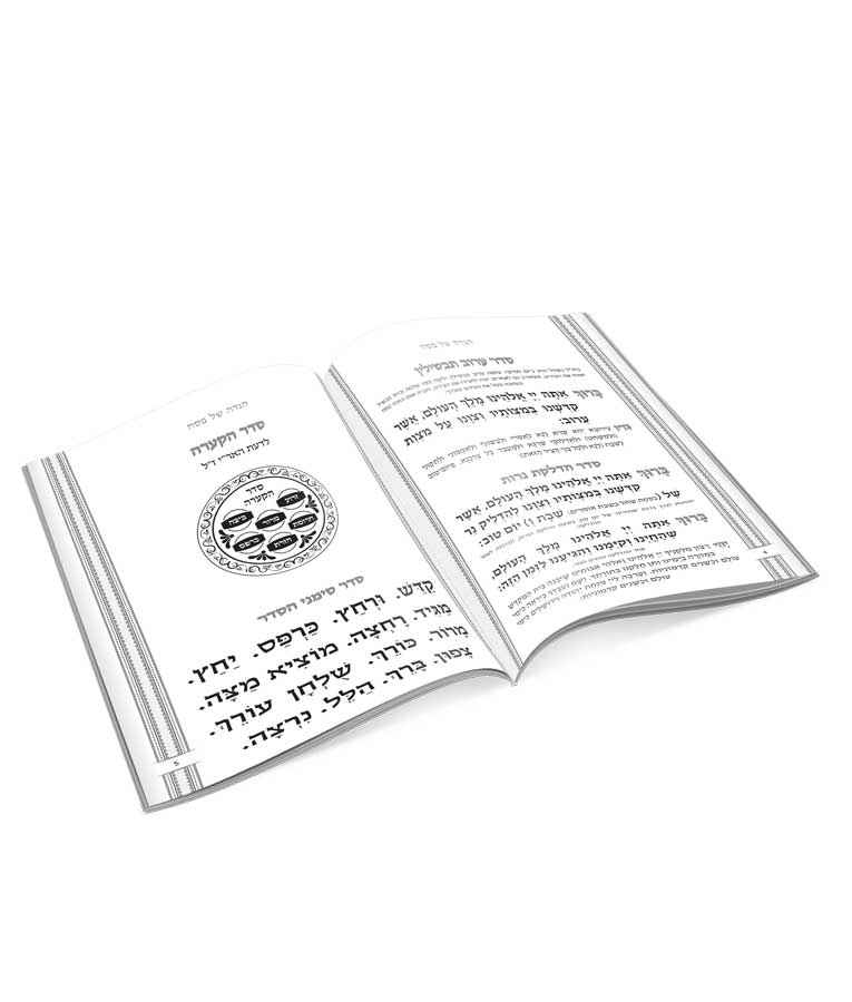 Simchonim stand holding six Haggados, opened to show the inside pages