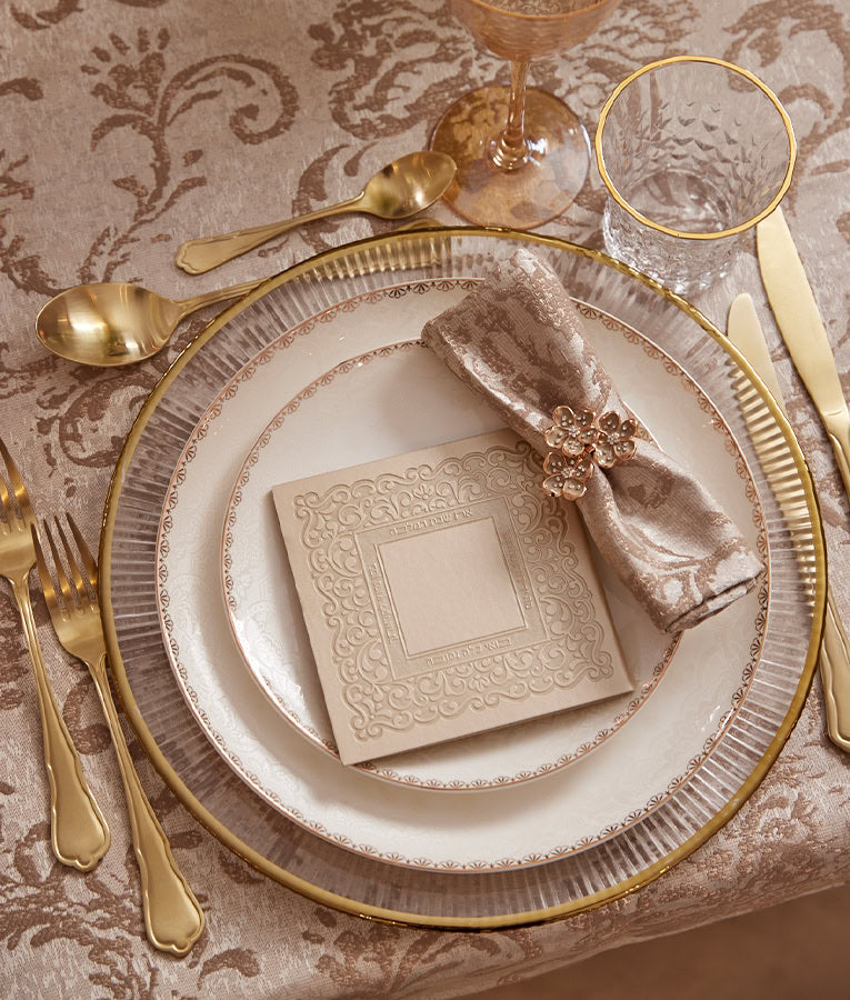 Simchonim Lacey model zemiros, shown on a table setting