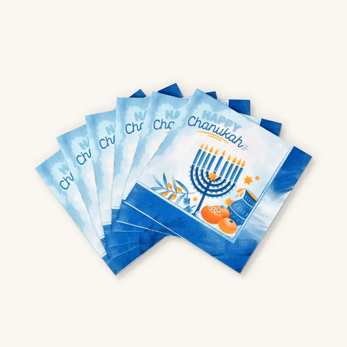 Chanukah napkins in blue — 20-pack of holiday party napkins | Judaica Square Lakewood