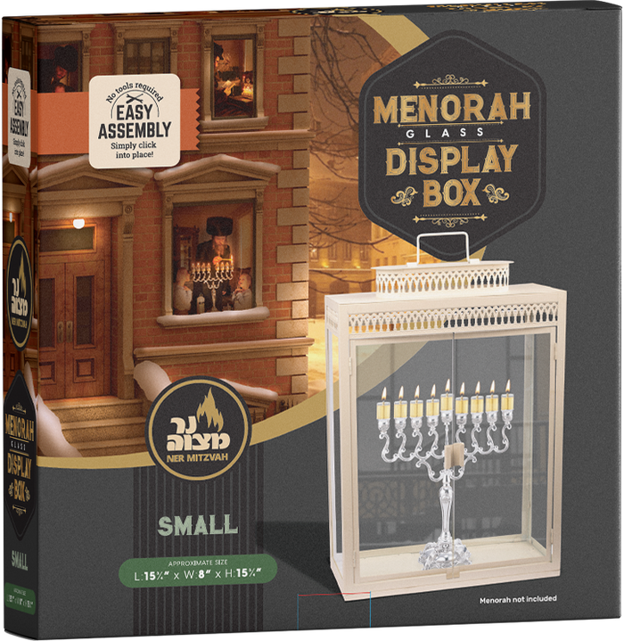 Small clear-panel menorah display box with easy-assembly frame