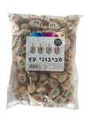 Bag of 100 small natural wood dreidels with nun, gimmel, hei and pey letters on the label