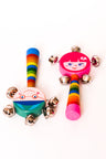 Colorful smiley-face Purim noisemaker with metal bells and a striped handle
