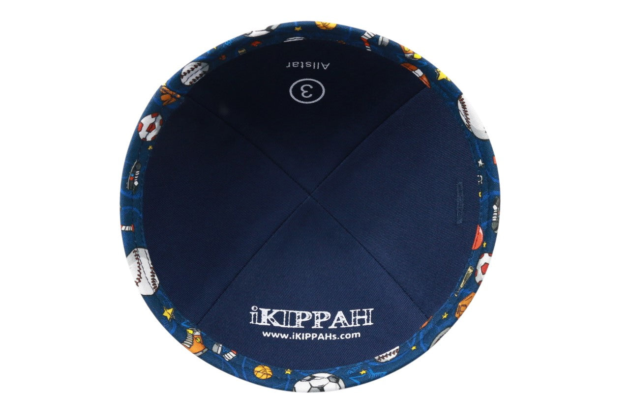 Boys sports kippah — navy cotton yarmulke with allstar football, baseball, basketball and soccer print | Judaica Square Lakewood
