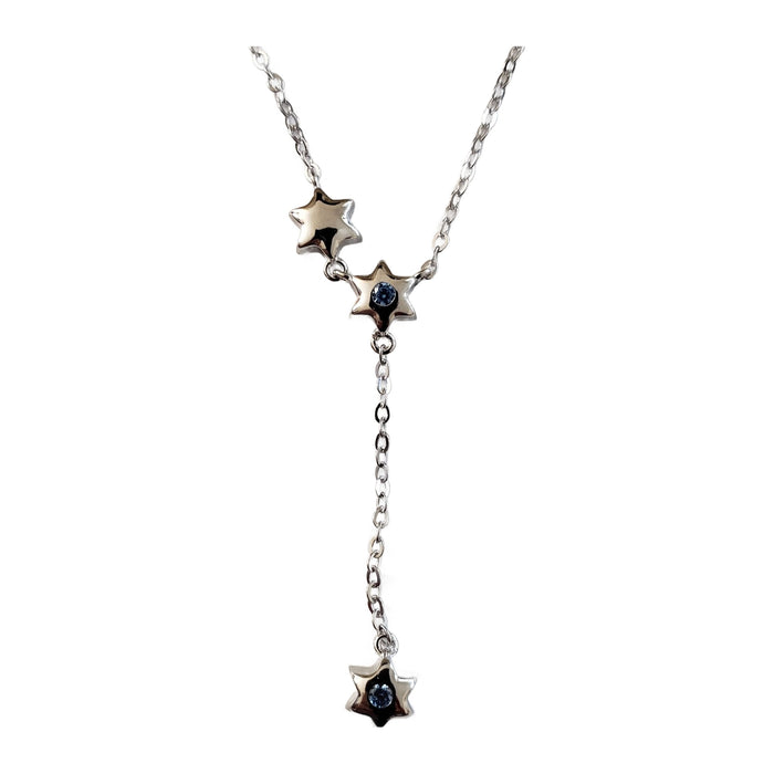 Star Necklace, Falling Star Charms with Two Blue CZs, 16 Inch, front view