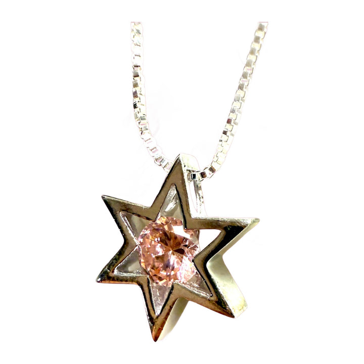 Star of David Necklace, Modern Sterling Silver with Pink Gemstone, front view