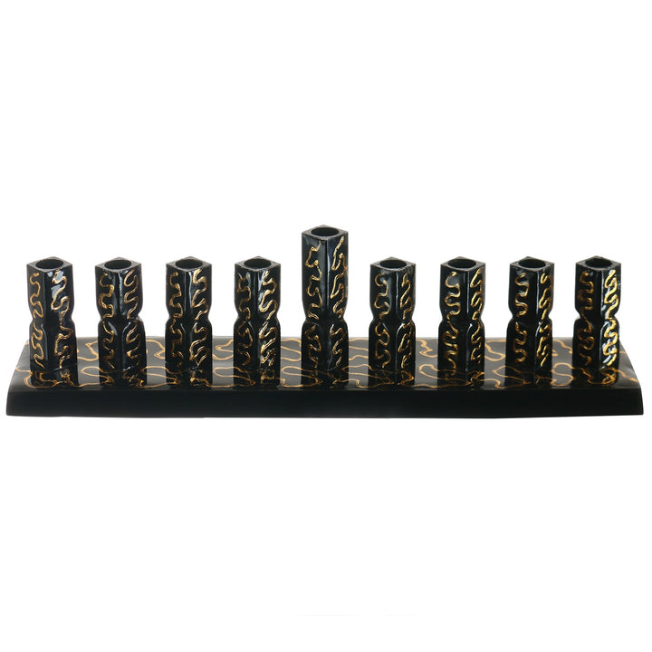Black enamel strip menorah with gold swirl stripes on the cups and base, raised center shamash