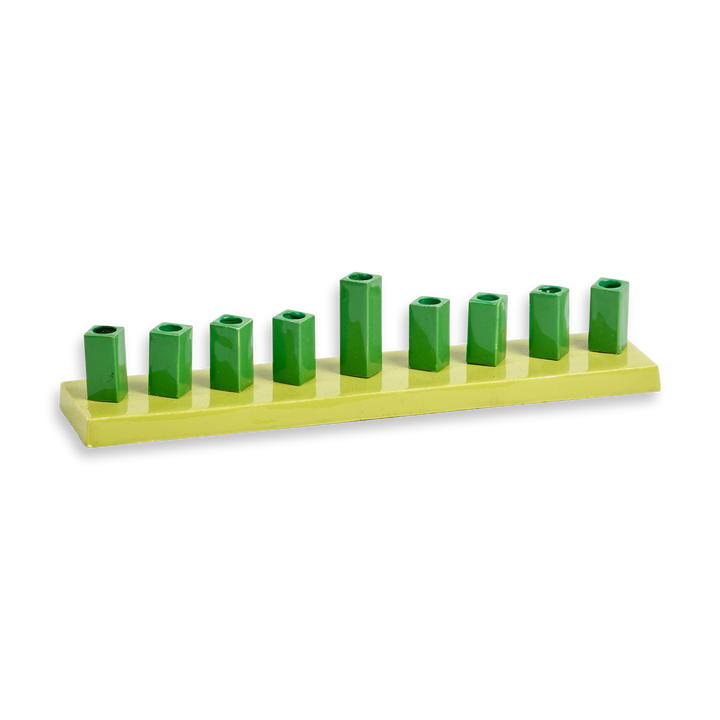 Strip menorah with a lime green enamel base and nine glossy green square cups, center shamash raised