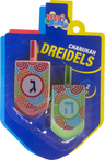 Two large wooden dreidels with a multicolor swirl pattern on a dreidel shaped card