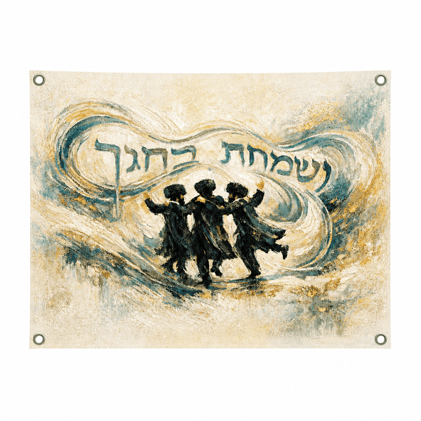 Taupe and blue Vesamachta B’Chagecha vinyl Sukkah banner with dancing figures