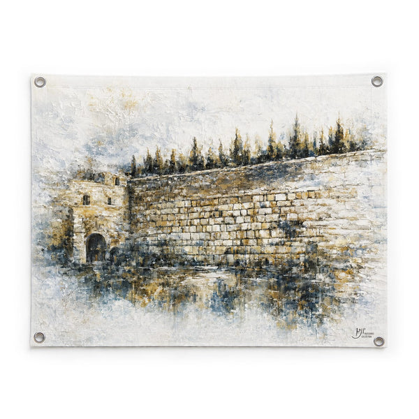 Teal Kosel vinyl Sukkah banner with Jerusalem artwork and corner grommets