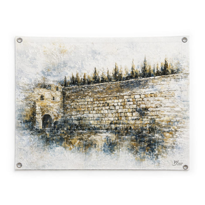 Teal Kosel vinyl Sukkah banner with Jerusalem artwork and corner grommets