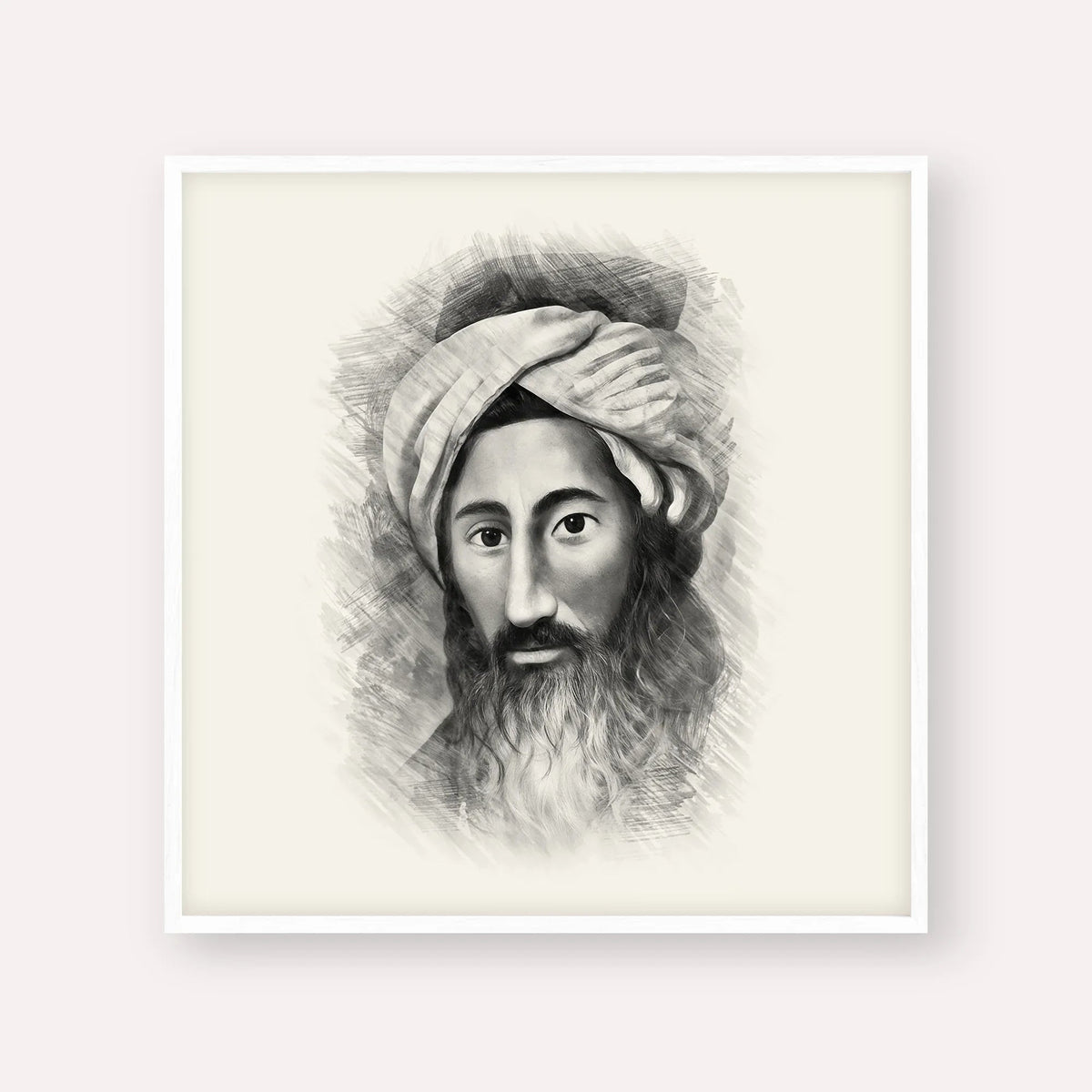 The Chida, black & white portrait with white frame; square format example