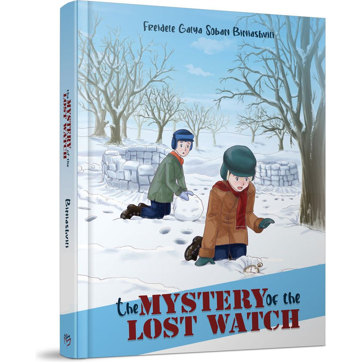 Front cover of The Mystery of the Lost Watch, two boys in a snowy park