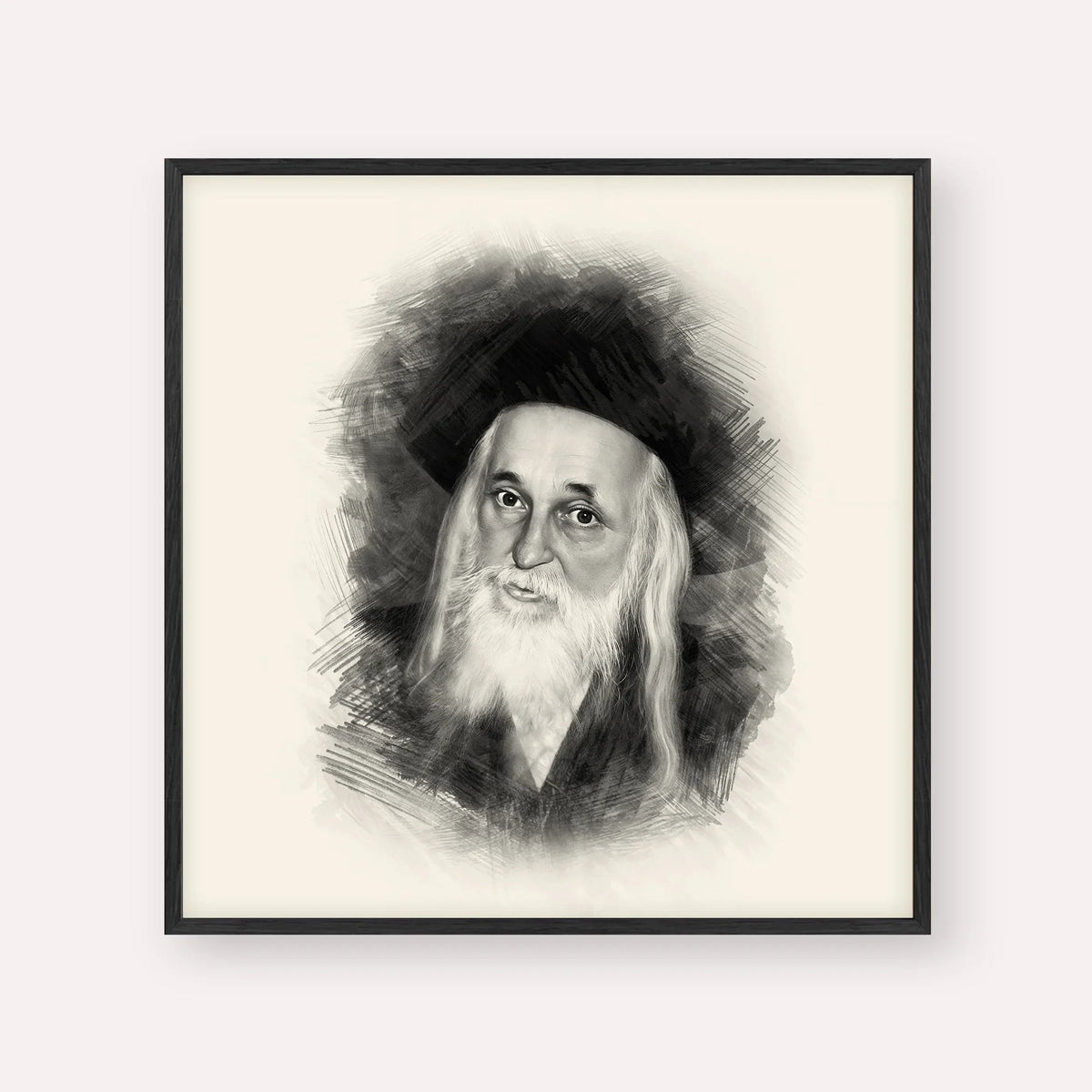 The Satmar Rebbe (Rabbi Yoel Teitelbaum), black & white portrait with black frame; square format example