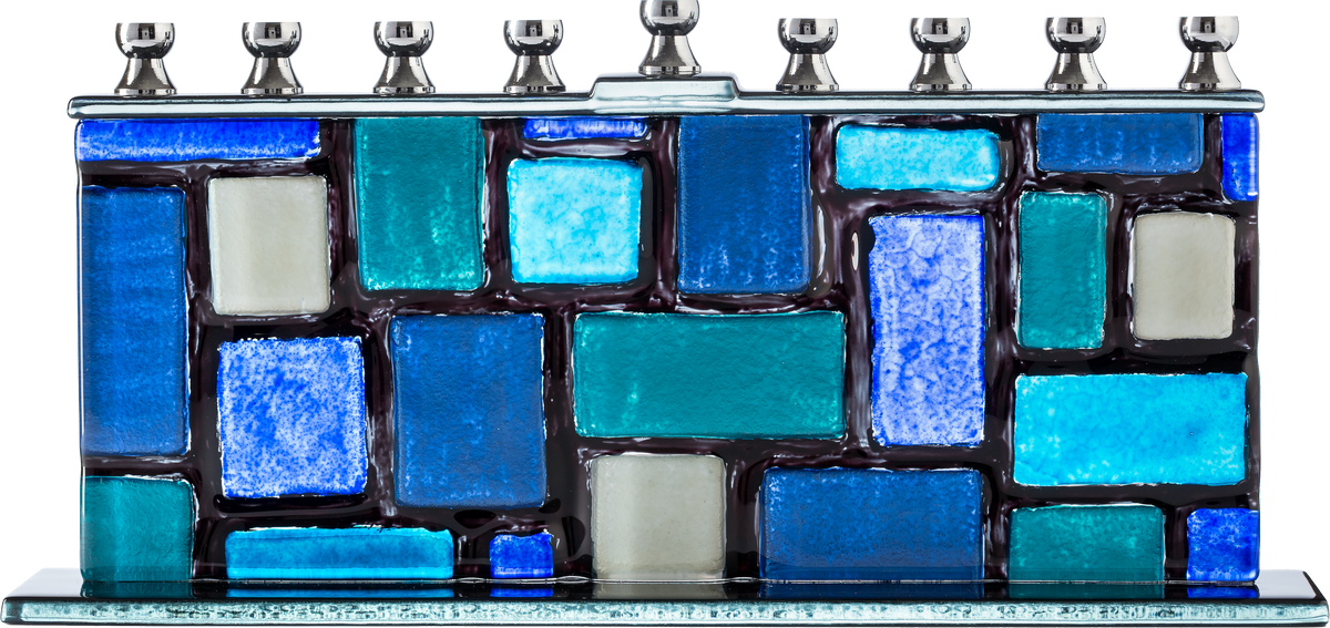 Colored-glass Chanukah menorah with Western Wall-inspired stone motif