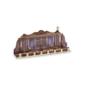 Tin menorah with printed wall showing a golden menorah, pillars and lions, gold-tone cups in front