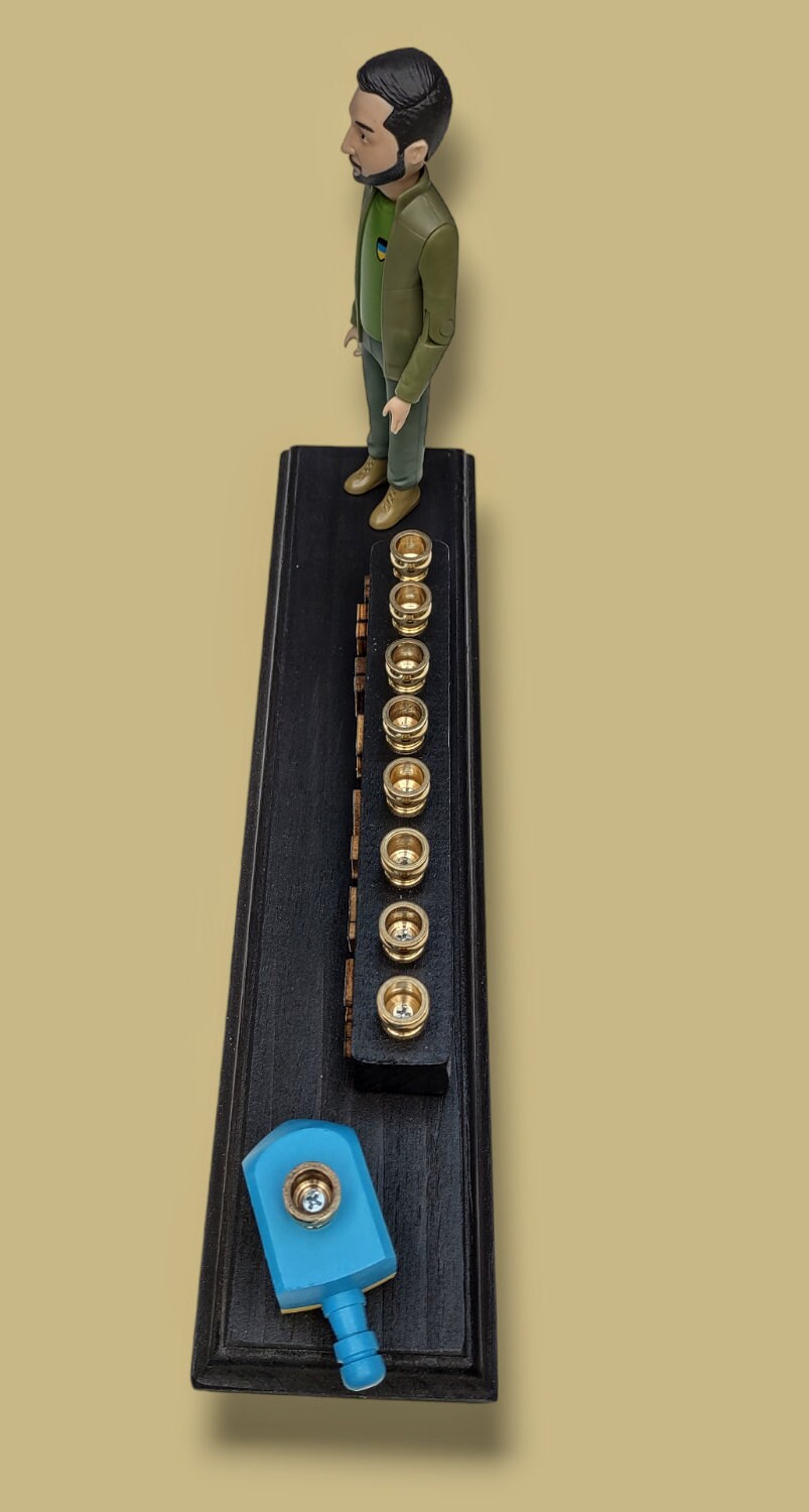 Stand With Ukraine Menorah — Zelensky figure with blue and yellow wood letters | Judaica Square Lakewood (view 5)