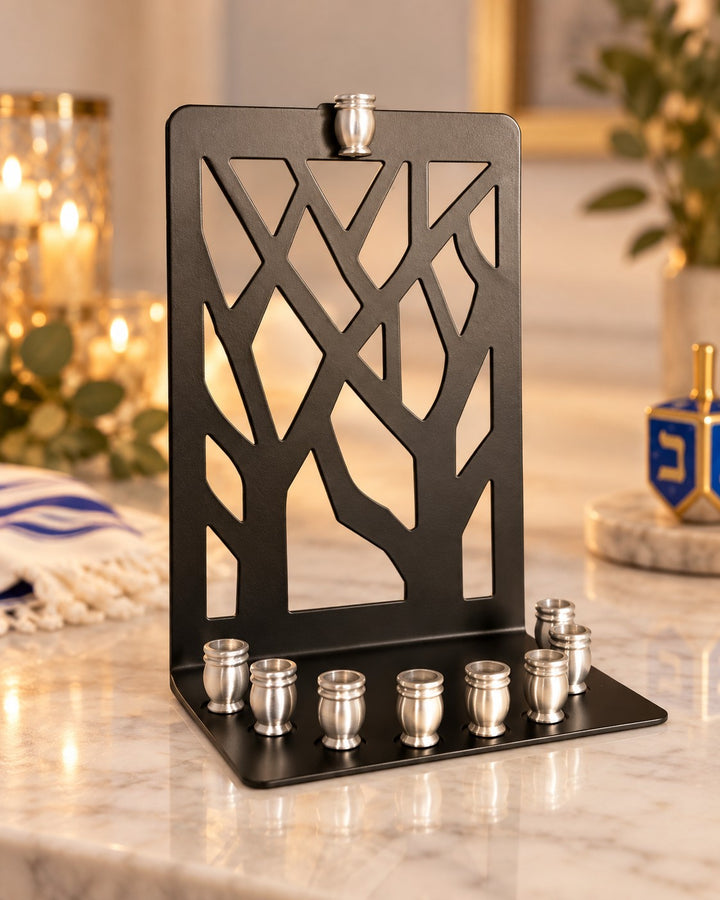 Black metal tree bookend menorah