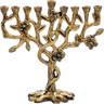 Antique-gold Tree of Life candle menorah with floral branches and root-shaped base