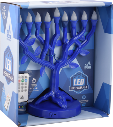 Blue Tree of Life LED menorah in its box