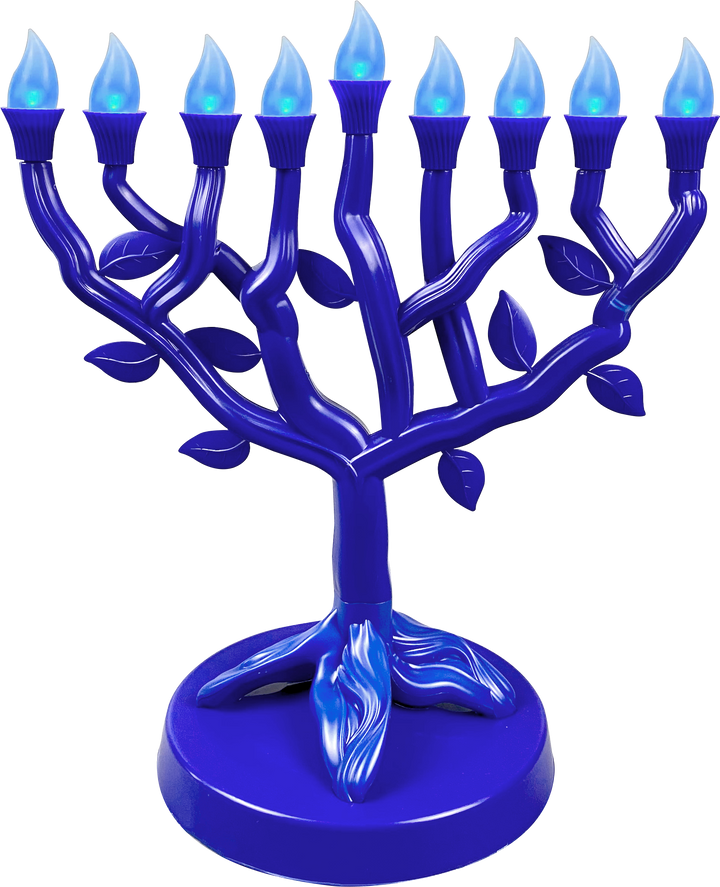 Blue Tree of Life LED menorah with branching arms