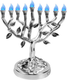 Silver Tree of Life LED menorah with blue lit flame bulbs