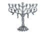 Silver metal tulip menorah with curling branches from a braided trunk on a petal base