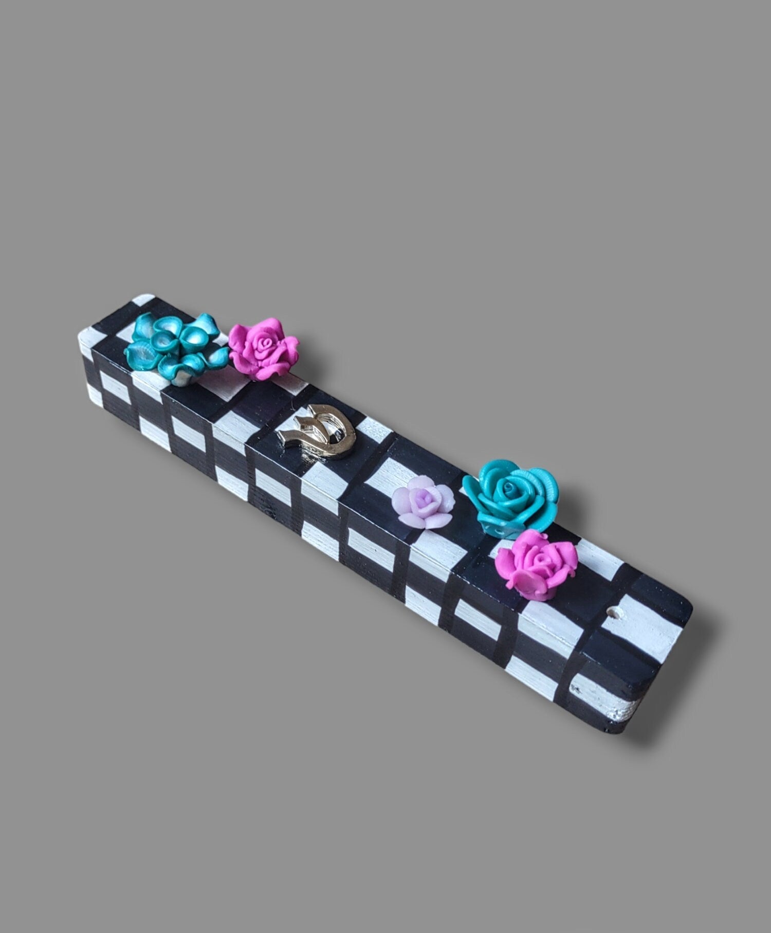 Checks and flowers mezuzah case — painted checkerboard wood with silicone blooms | Judaica Square Lakewood (view 8)