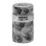 Tzedakah Box, Round Grey and White Marble Enamel with Hebrew, 5 Inch, front view