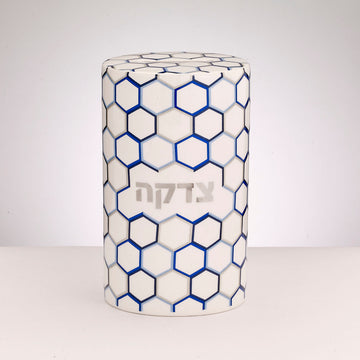 Rite Lite Honeycomb Design Ceramic Tzedakah Box, Silver Accents, 5.5 Inch High