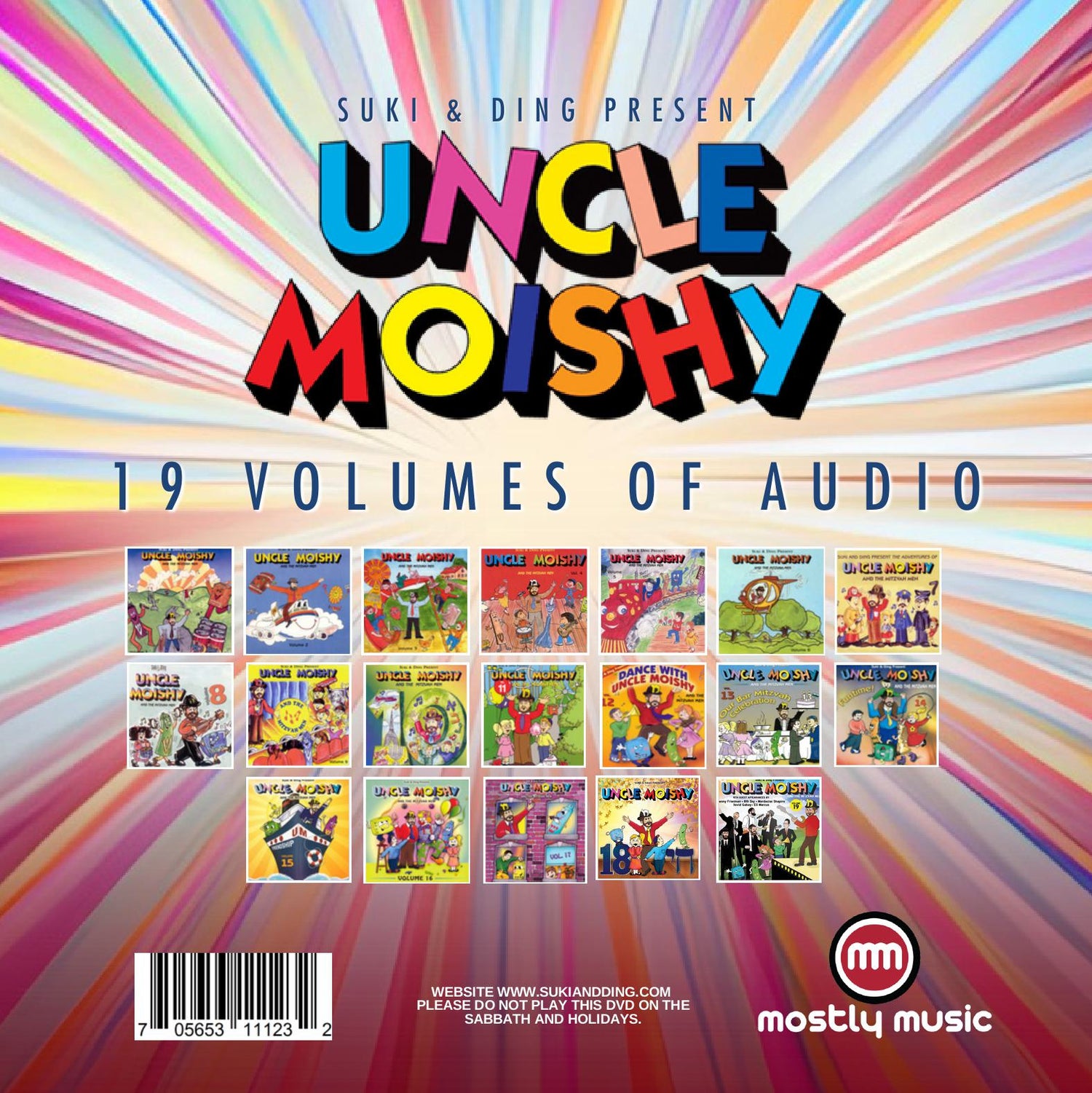 Reverse of the Uncle Moishy 1-19 USB pack, headed 19 Volumes of Audio, with the Mostly Music logo and the printed barcode