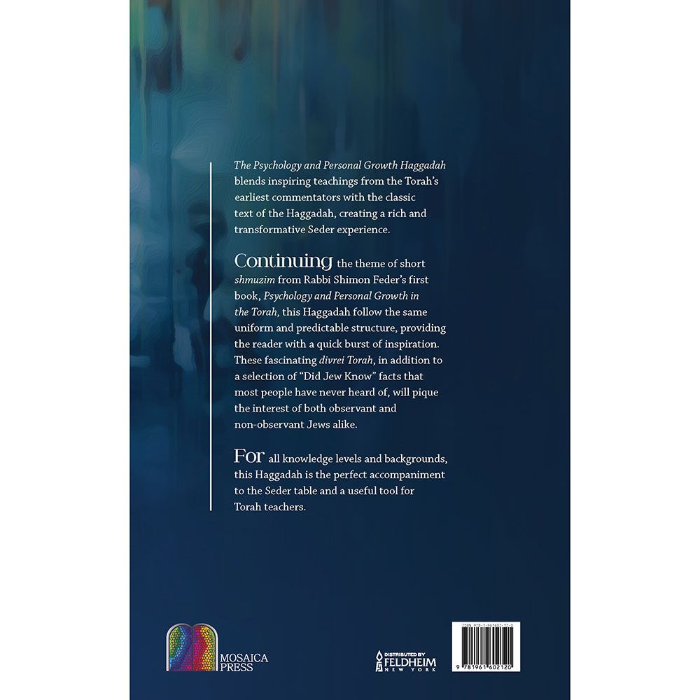 Back cover of The Psychology and Personal Growth Haggadah by Rabbi Shimon Feder, with the summary and barcode