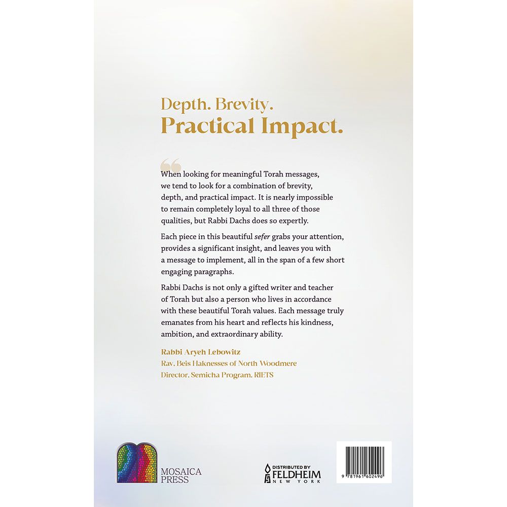 Back cover of Our Parashah by Rabbi Aryeh Dachs, with the summary and barcode