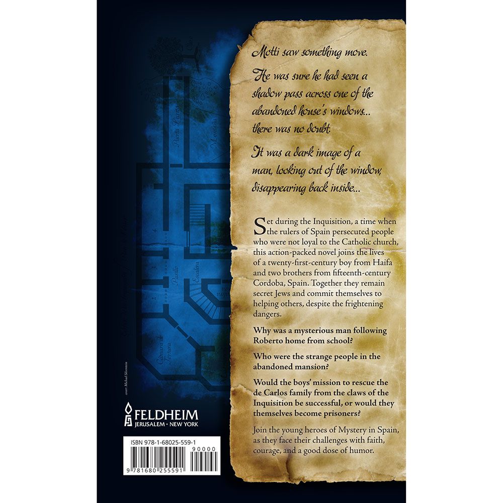 Back cover of Mystery in Spain by Devorah Rosen, with the summary and barcode