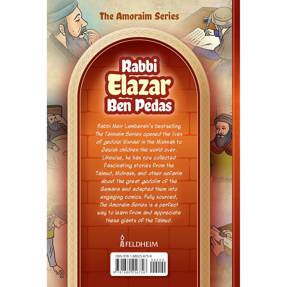 Back cover of Amoraim Series: Rabbi Elazar ben Pedas by Meir Lamberski, with the summary and barcode