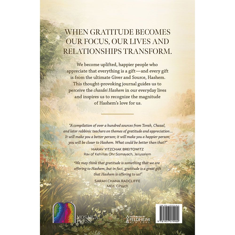 Back cover of The Jewish Gratitude Journal by Doron Resnick, with the summary and barcode