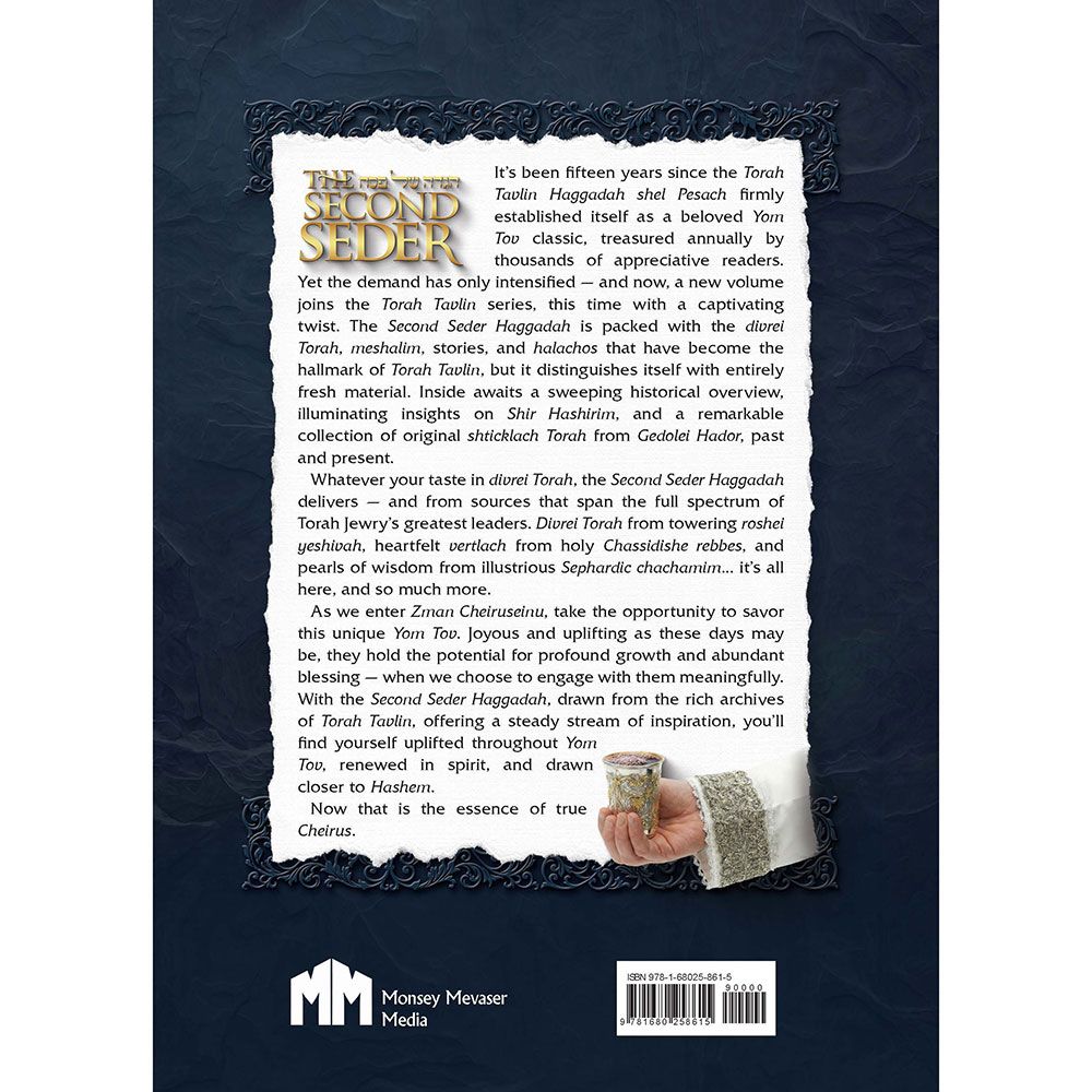 Back cover of The Second Seder Haggadah, Torah Tavlin by Rabbi Dovid Hoffman, with the summary and barcode