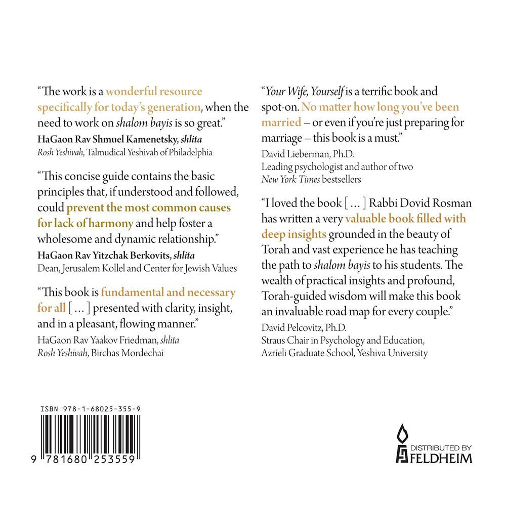 Back cover of Your Wife, Yourself by Rabbi Dovid Rosman, with the summary and barcode