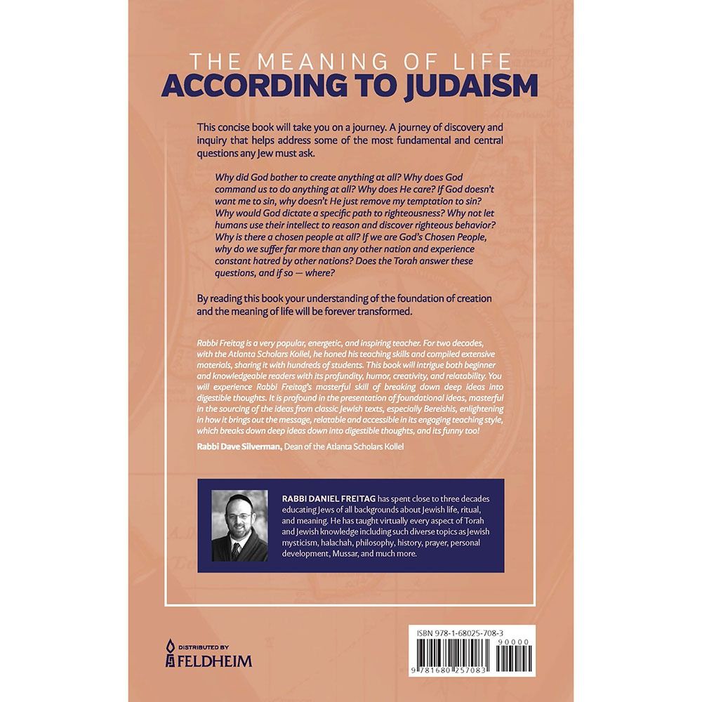 Back cover of The Meaning of Life According to Judaism by Rabbi Daniel Freitag, with the summary and barcode