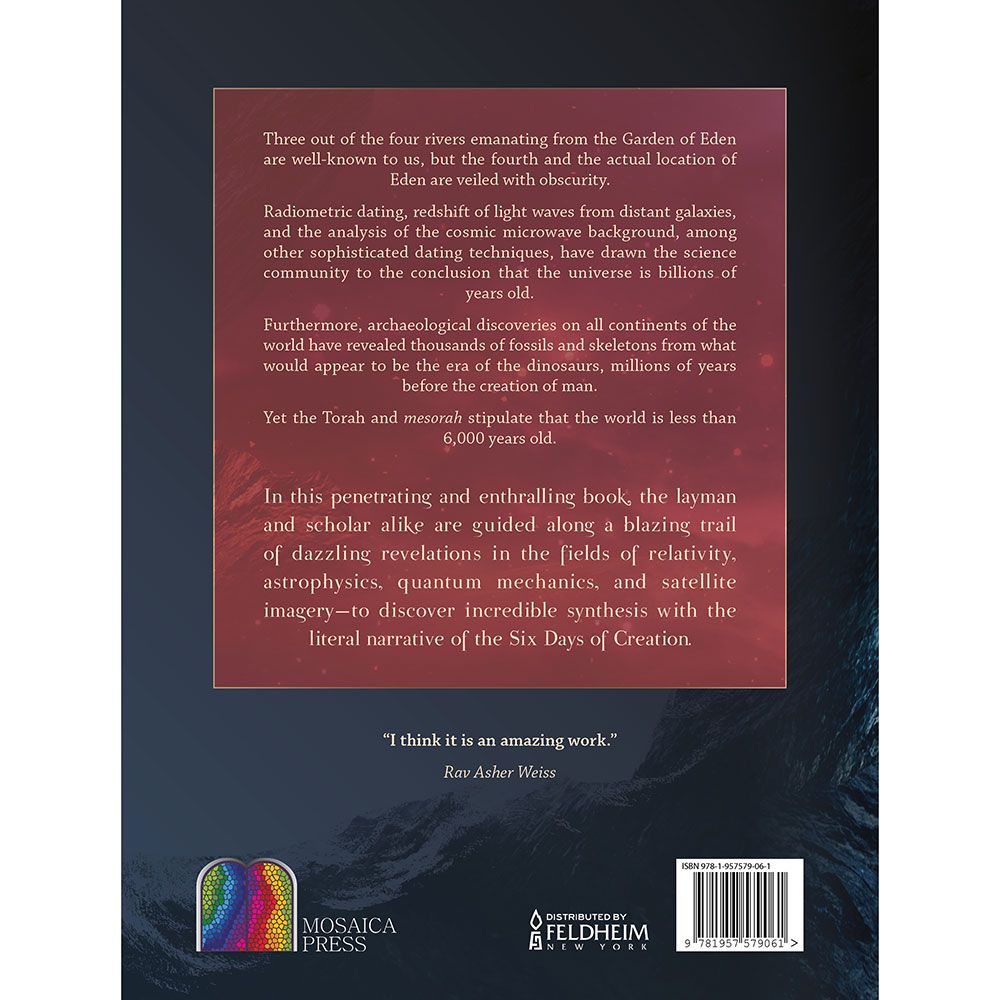 Back cover of The Six Days of Creation: The Garden of Eden, Dinosaurs, and the Missing Billions, with the summary and barcode