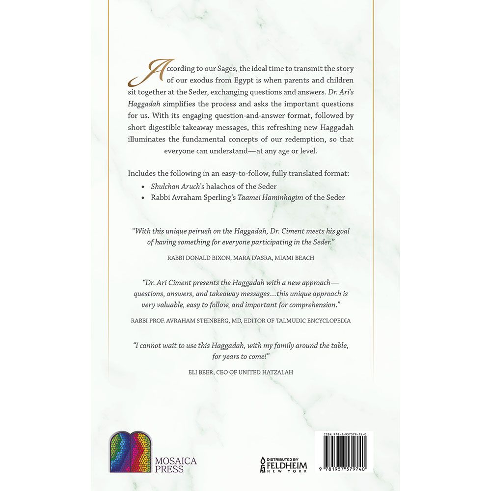 Back cover of Dr. Ari's Haggadah by Ari Judah Ciment, MD, FCCP, with the summary and barcode