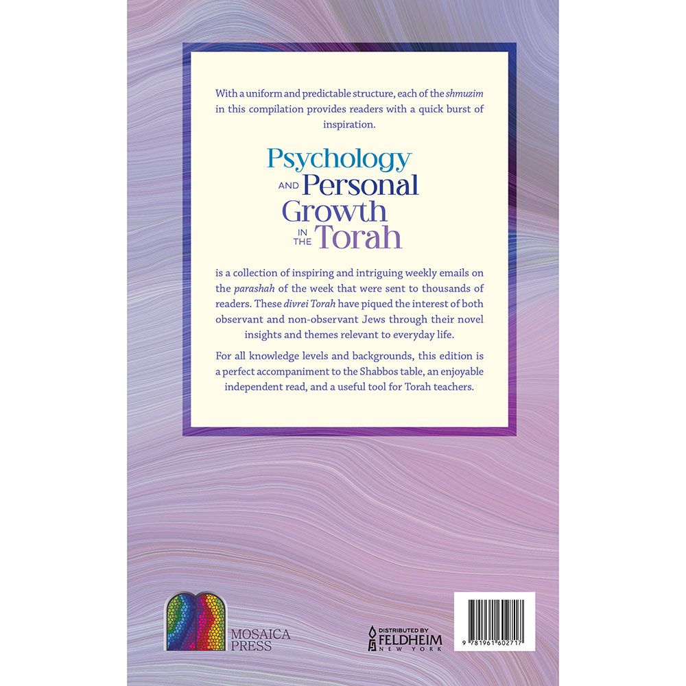 Back cover of Psychology and Personal Growth in the Torah, Volume 2 by Rabbi Shimon Feder, with the summary and barcode