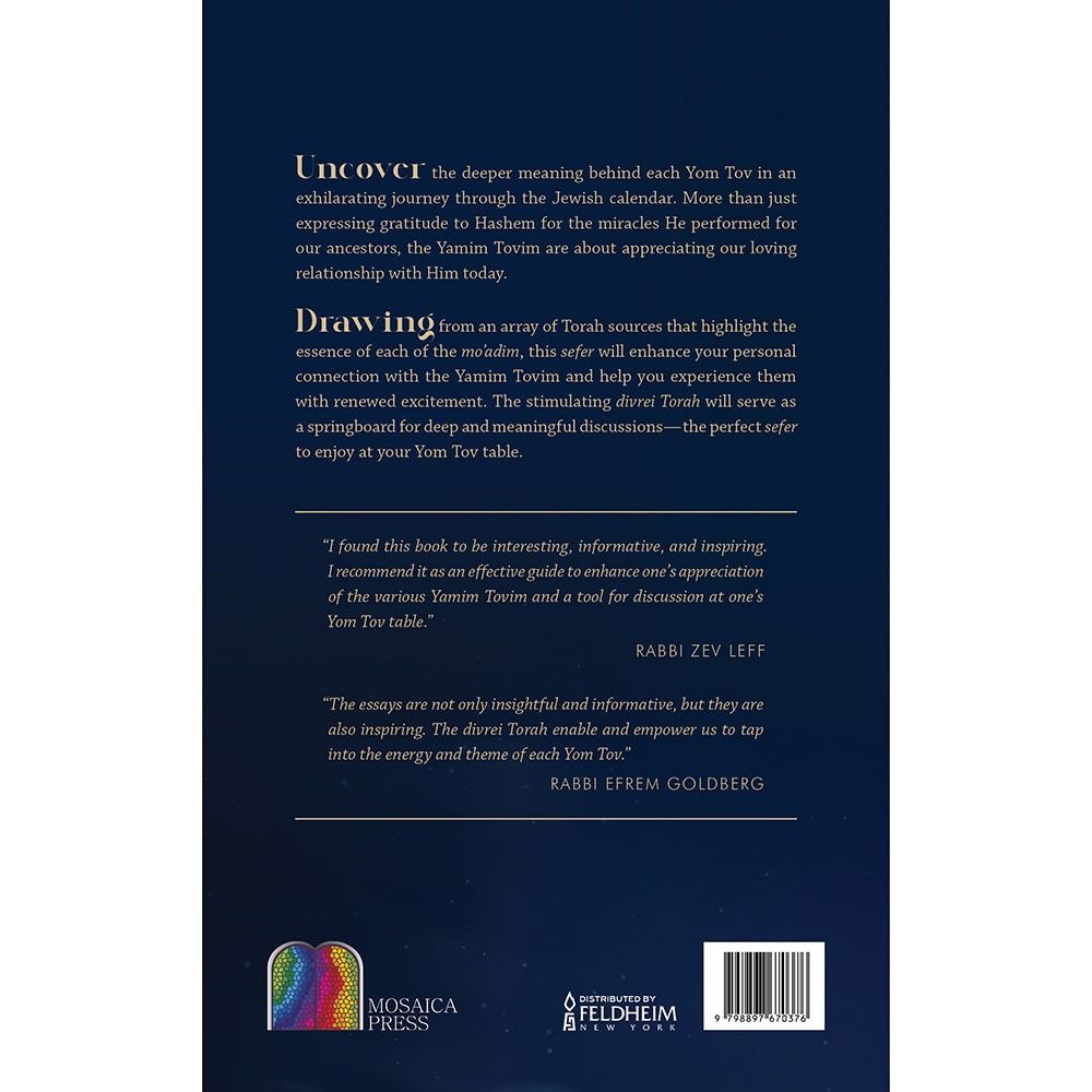 Back cover of Moadim with Meaning by Rabbi Moshe Schochet, with the summary and barcode